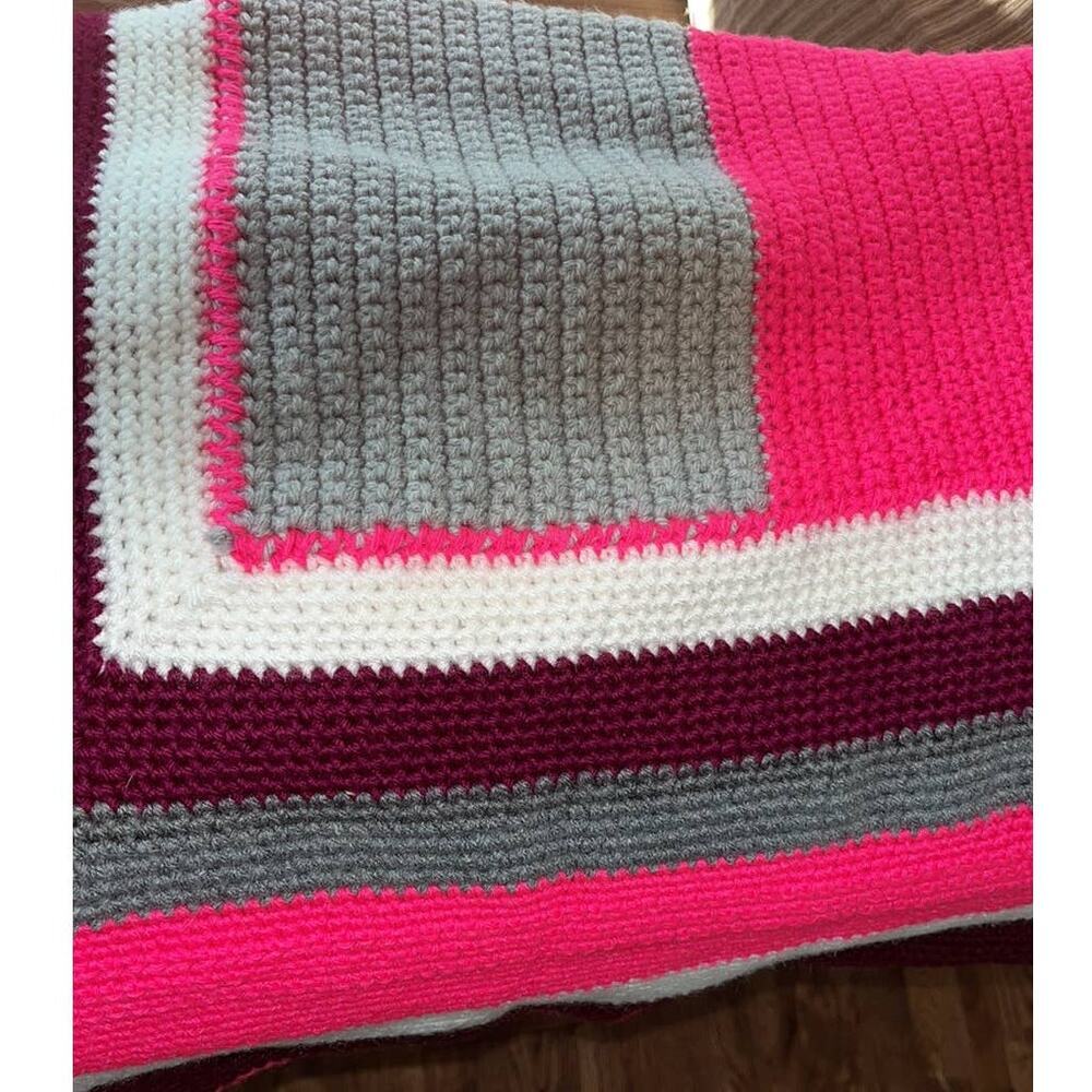 Crochet Hot Pink Gray Squared Baby Afghan Blanket - Picture 2 of 4